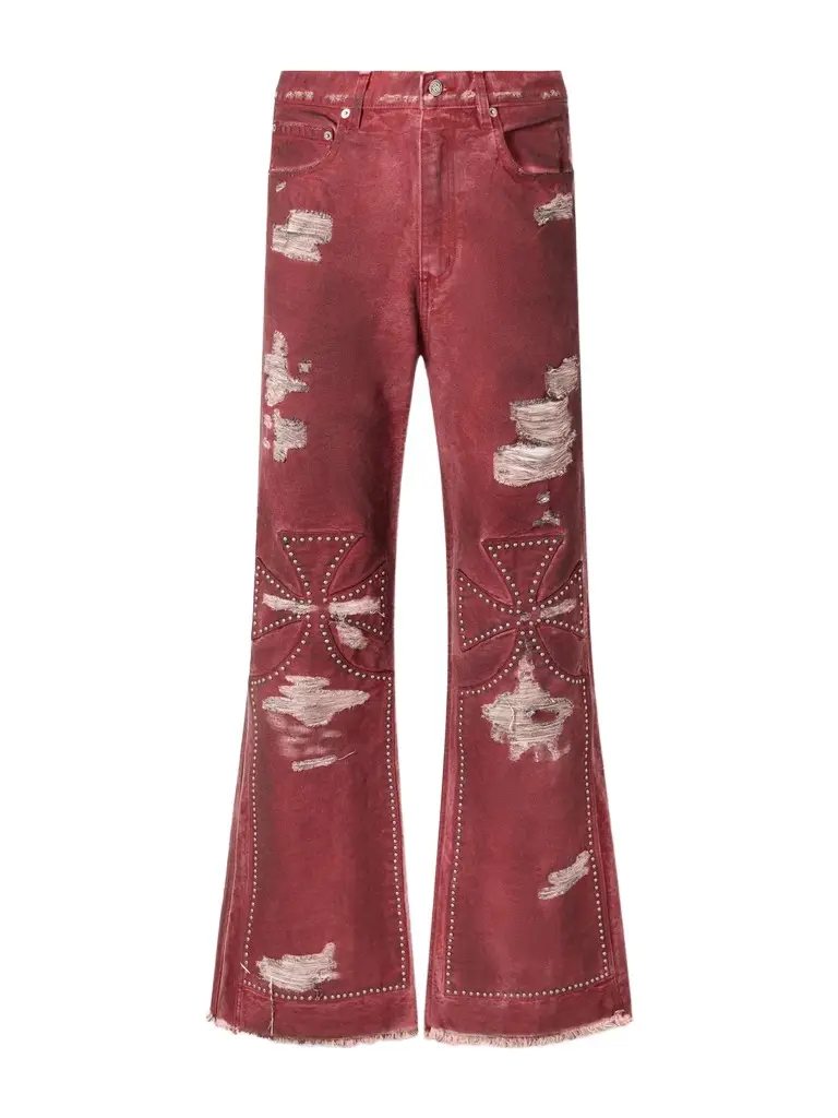 SEKRIT Studded Chopper Flared Distressed Panelled Jeans - Men