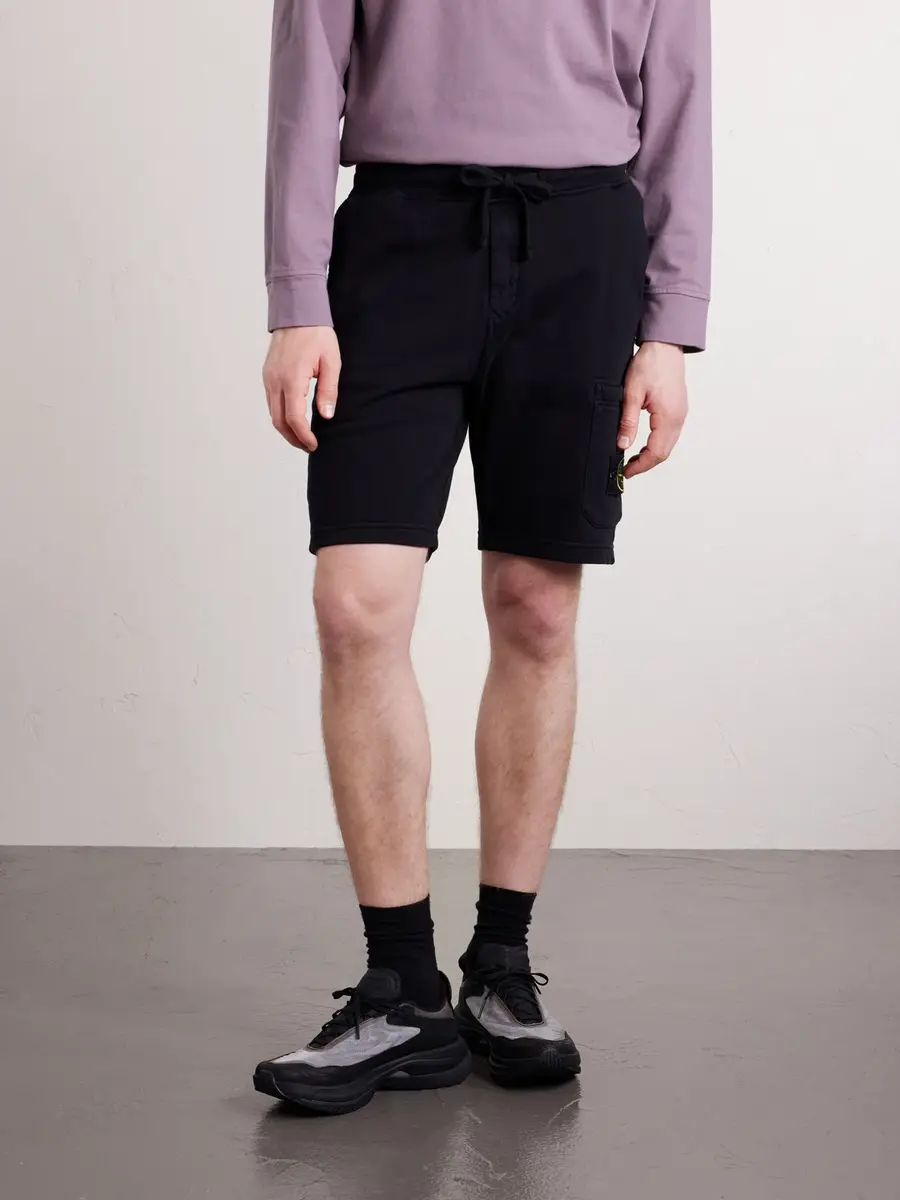 Stone Island Straight-Leg Garment-Dyed Cotton-Fleece Drawstring Shorts - Men | Thumbnail 3 Stone Island Straight-Leg Garment-Dyed Cotton-Fleece Drawstring Shorts - Men | Thumbnail 3