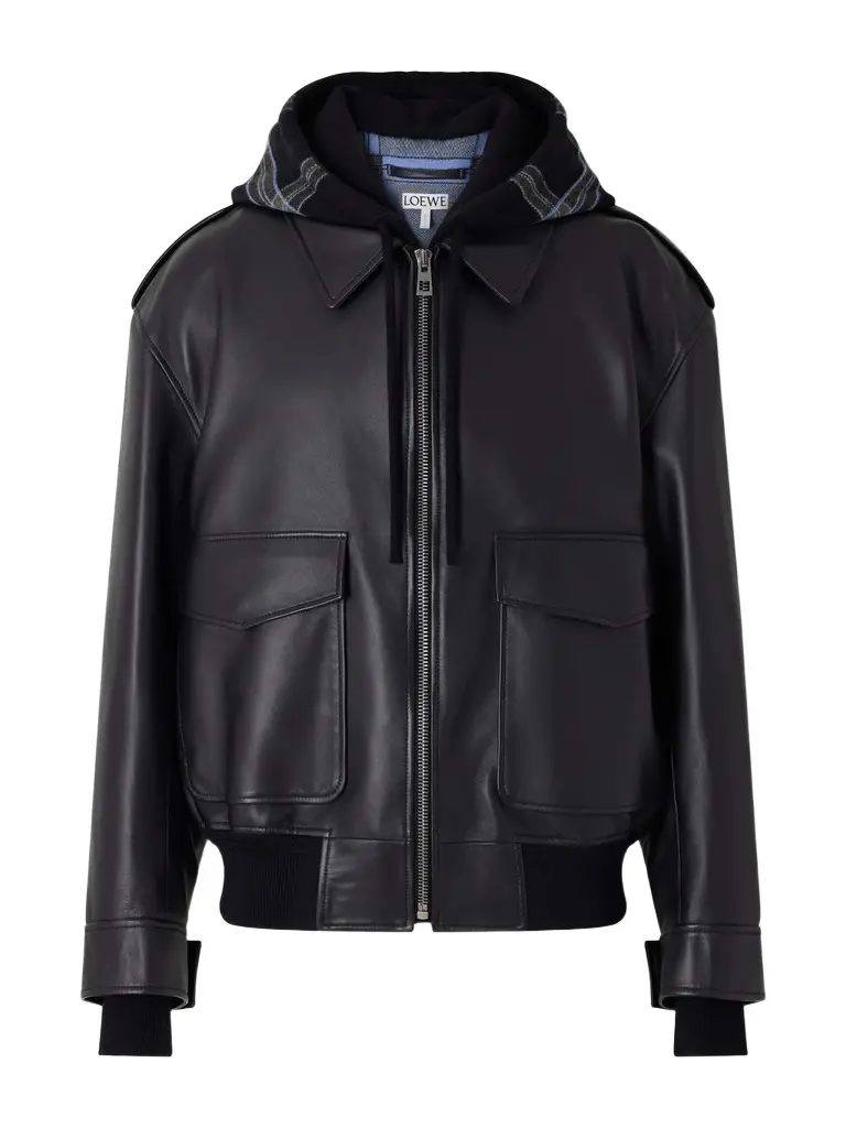 Loewe Hooded Checked Knit-Trimmed Leather Jacket - Men