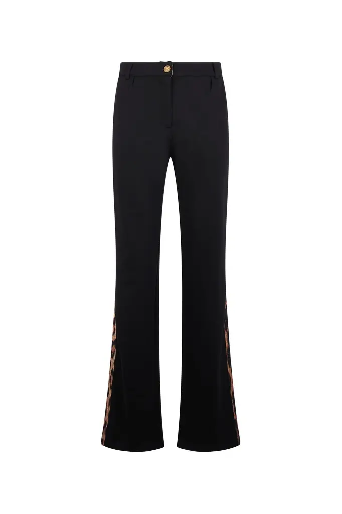 Roberto Cavalli Black Flare Trousers Leopard Side Panels