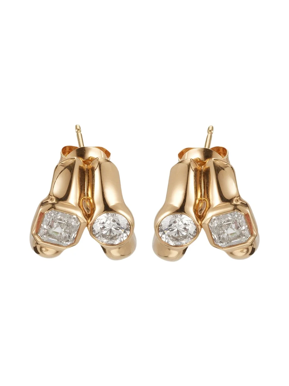 Twin Tusk 18K Yellow Gold Huggie Earrings With Asscher-Cut And Round Stones