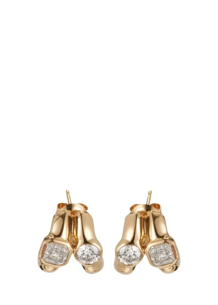Uniform Object Twin Tusk 18K Yellow Gold Huggie Earrings With Asscher-Cut And Round Stones