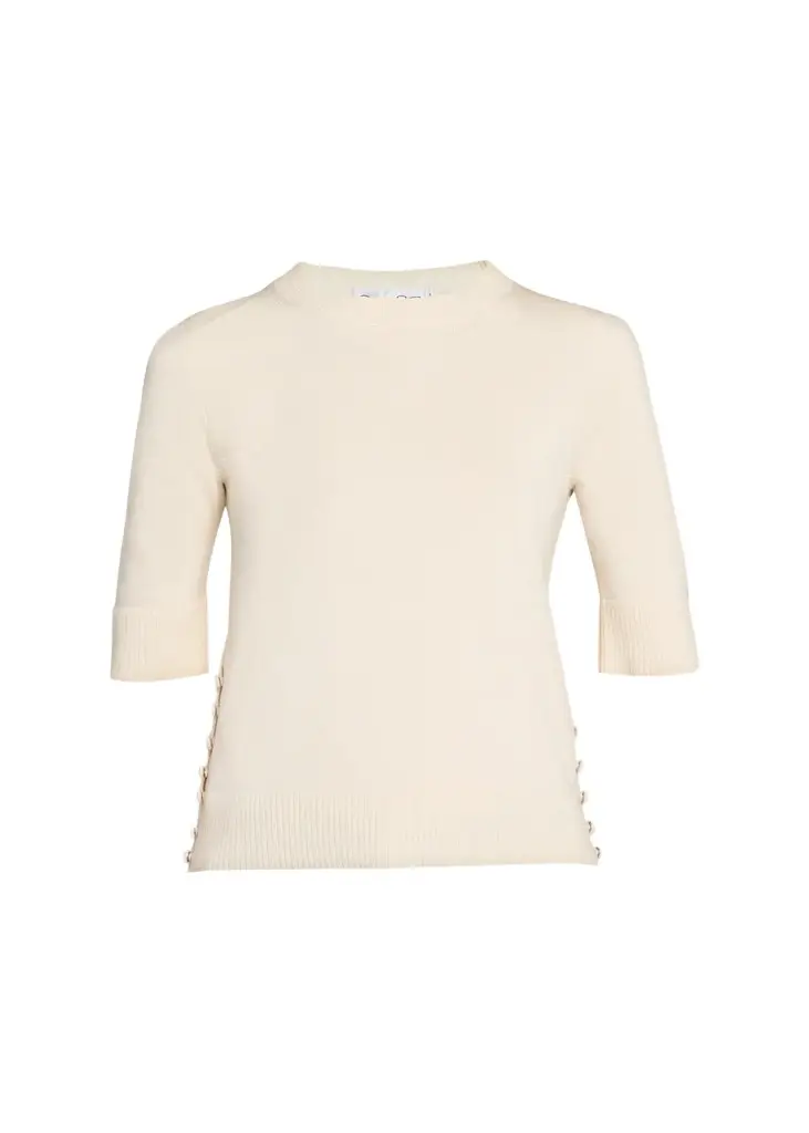 Short-Sleeve Button-Side Crewneck Sweater