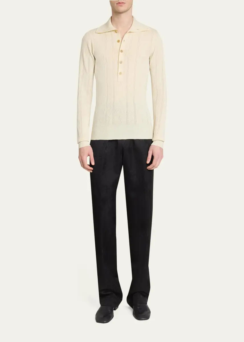 Dries Van Noten Men's Fine Wool and Cotton Pointelle Polo Sweater | Thumbnail 2