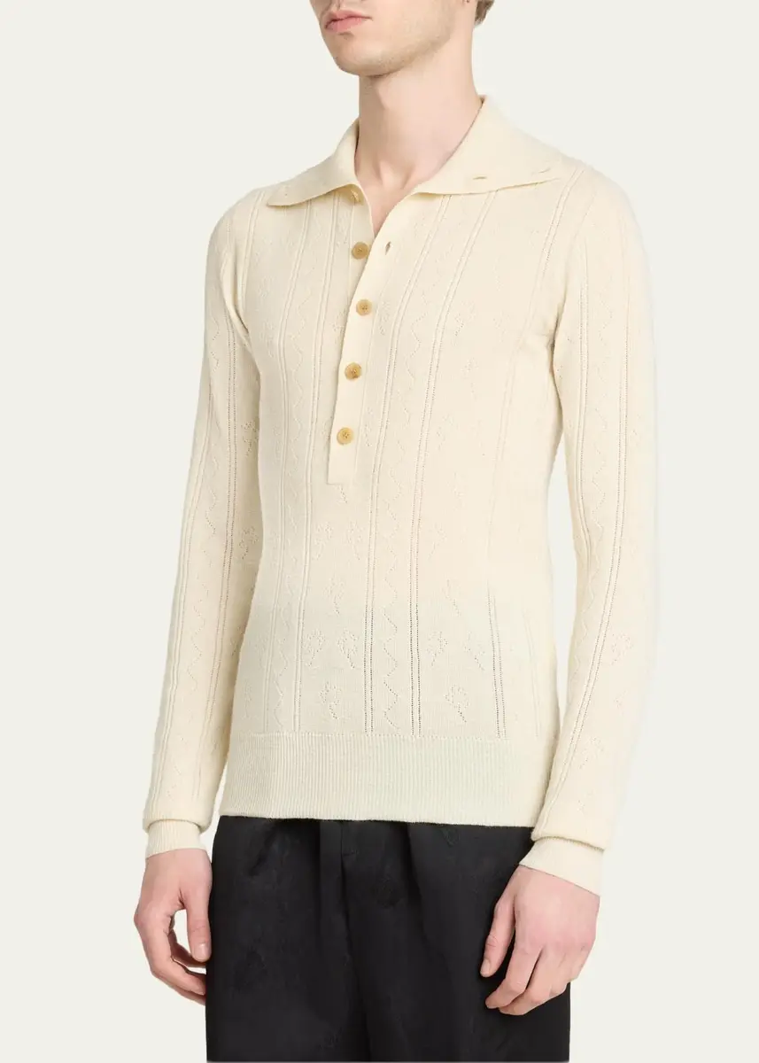 Dries Van Noten Men's Fine Wool and Cotton Pointelle Polo Sweater | Thumbnail 4