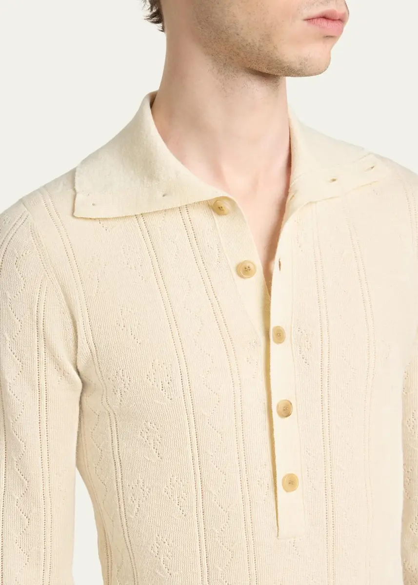 Dries Van Noten Men's Fine Wool and Cotton Pointelle Polo Sweater | Thumbnail 5