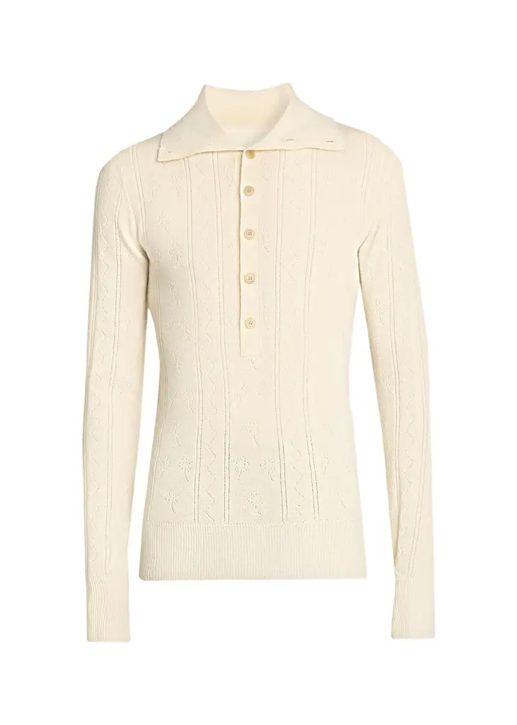 Men's Fine Wool and Cotton Pointelle Polo Sweater Men's Fine Wool and Cotton Pointelle Polo Sweater