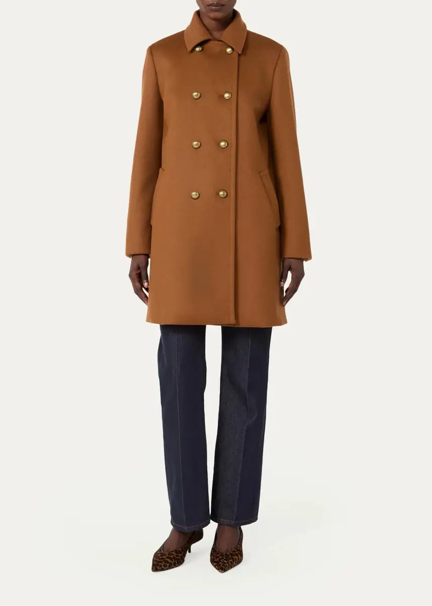 Max Mara Double-Breasted Wool Broadcloth Leather-Trim Coat | Thumbnail 2 Max Mara Double-Breasted Wool Broadcloth Leather-Trim Coat | Thumbnail 2