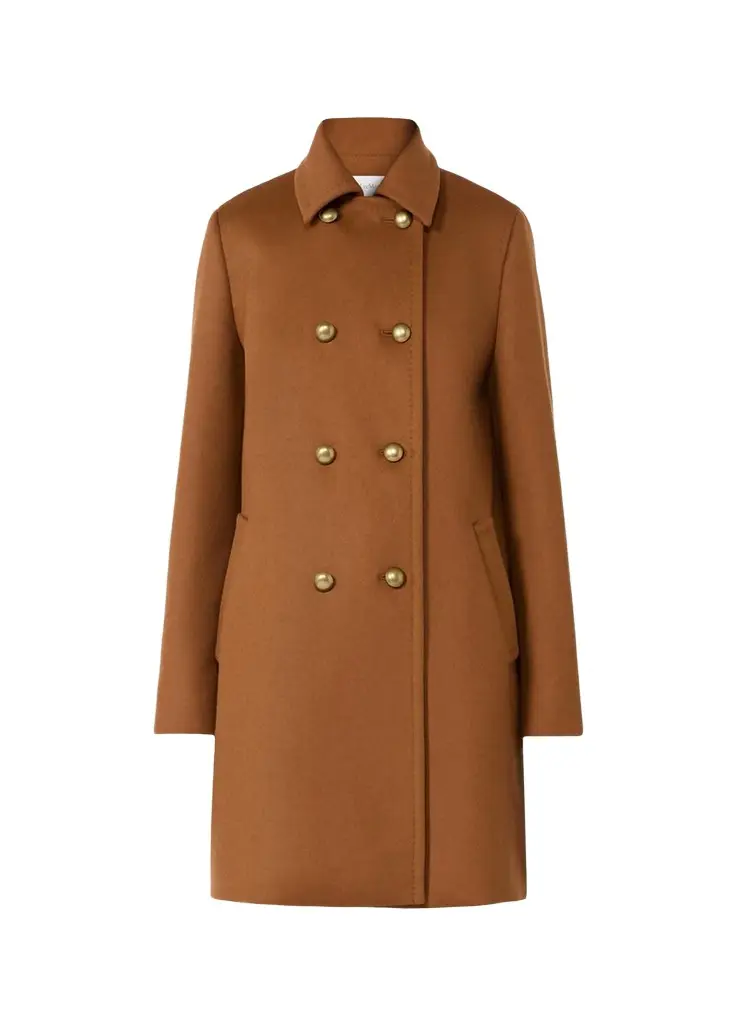 Double-Breasted Wool Broadcloth Leather-Trim Coat Double-Breasted Wool Broadcloth Leather-Trim Coat