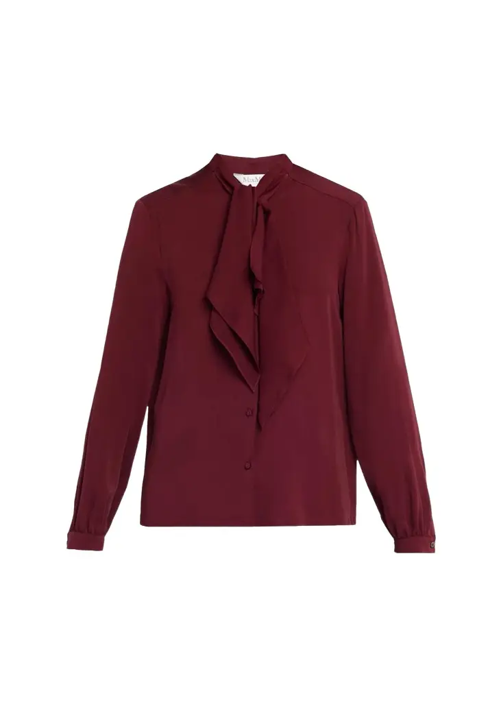 Silk Charmeuse Scarf-Neck Button-Down Blouse Silk Charmeuse Scarf-Neck Button-Down Blouse