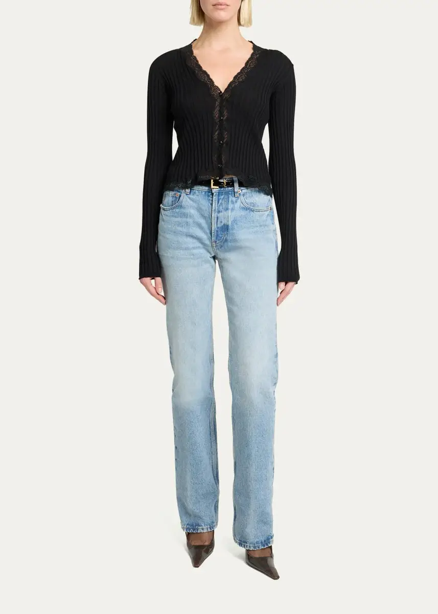 Saint Laurent Lace-Trim Cashmere-Wool Rib Buttoned Top | Thumbnail 2 Saint Laurent Lace-Trim Cashmere-Wool Rib Buttoned Top | Thumbnail 2