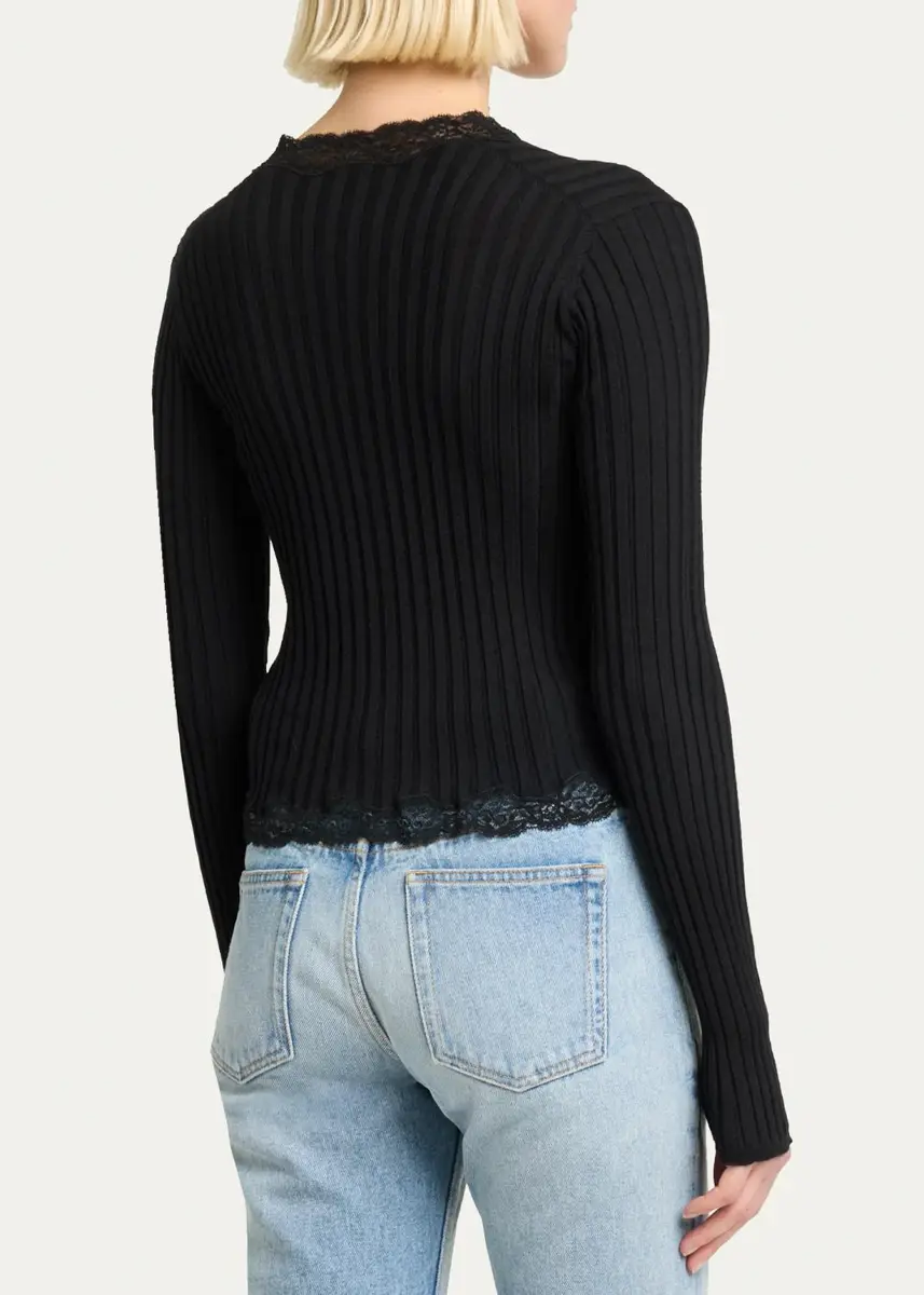 Saint Laurent Lace-Trim Cashmere-Wool Rib Buttoned Top | Thumbnail 3 Saint Laurent Lace-Trim Cashmere-Wool Rib Buttoned Top | Thumbnail 3