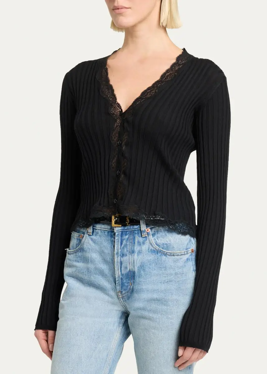 Saint Laurent Lace-Trim Cashmere-Wool Rib Buttoned Top | Thumbnail 4 Saint Laurent Lace-Trim Cashmere-Wool Rib Buttoned Top | Thumbnail 4
