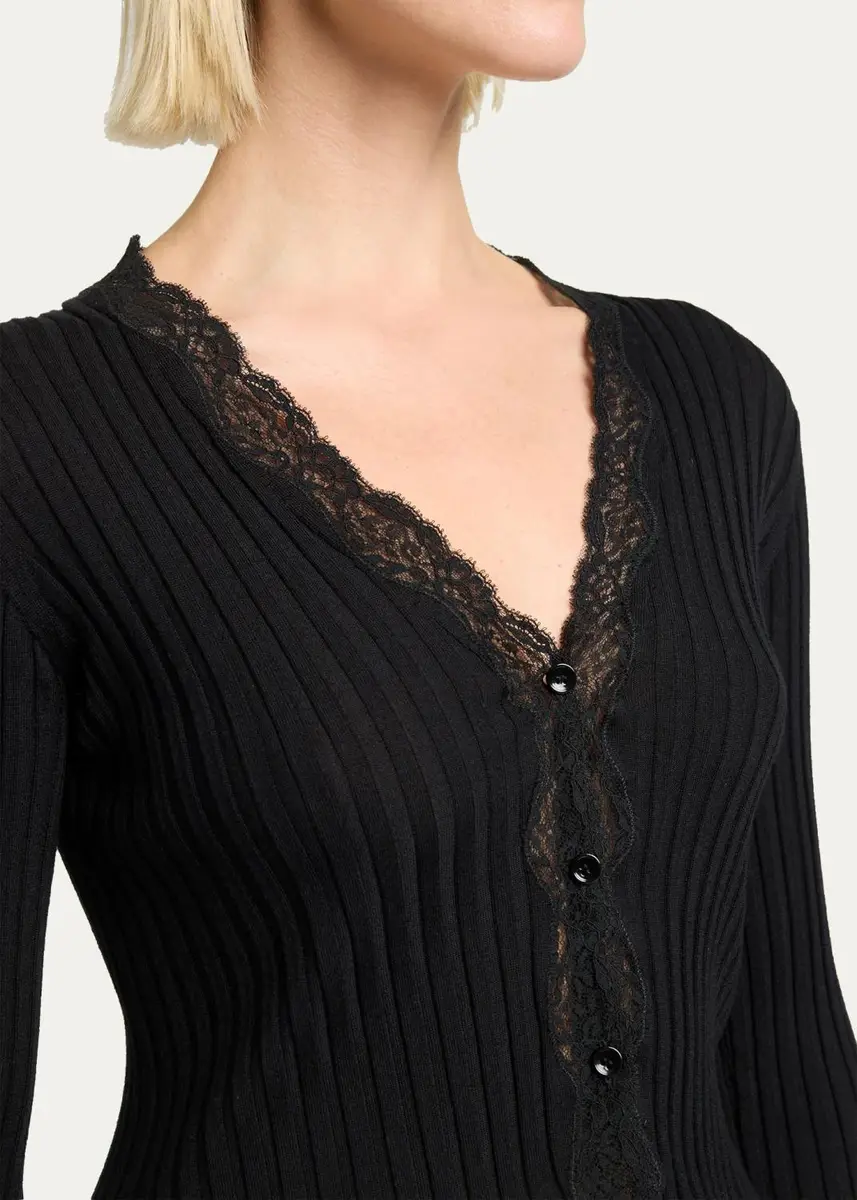 Saint Laurent Lace-Trim Cashmere-Wool Rib Buttoned Top | Thumbnail 5 Saint Laurent Lace-Trim Cashmere-Wool Rib Buttoned Top | Thumbnail 5
