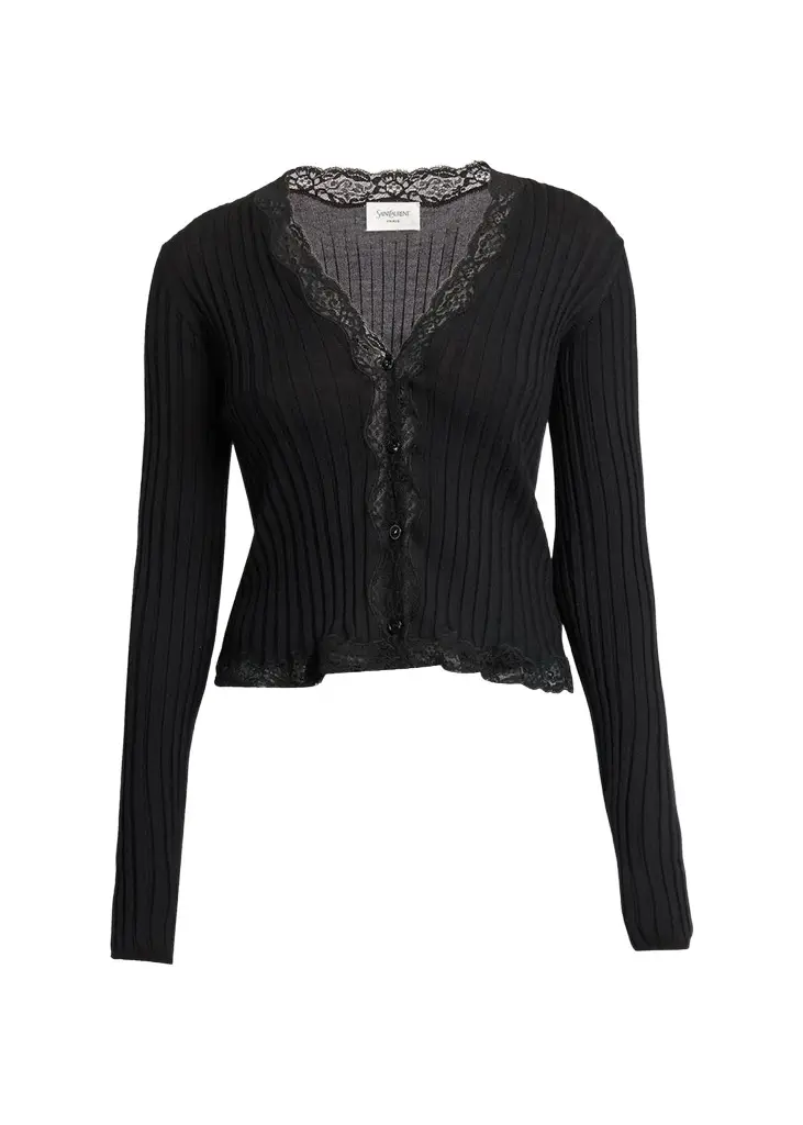 Lace-Trim Cashmere-Wool Rib Buttoned Top Lace-Trim Cashmere-Wool Rib Buttoned Top