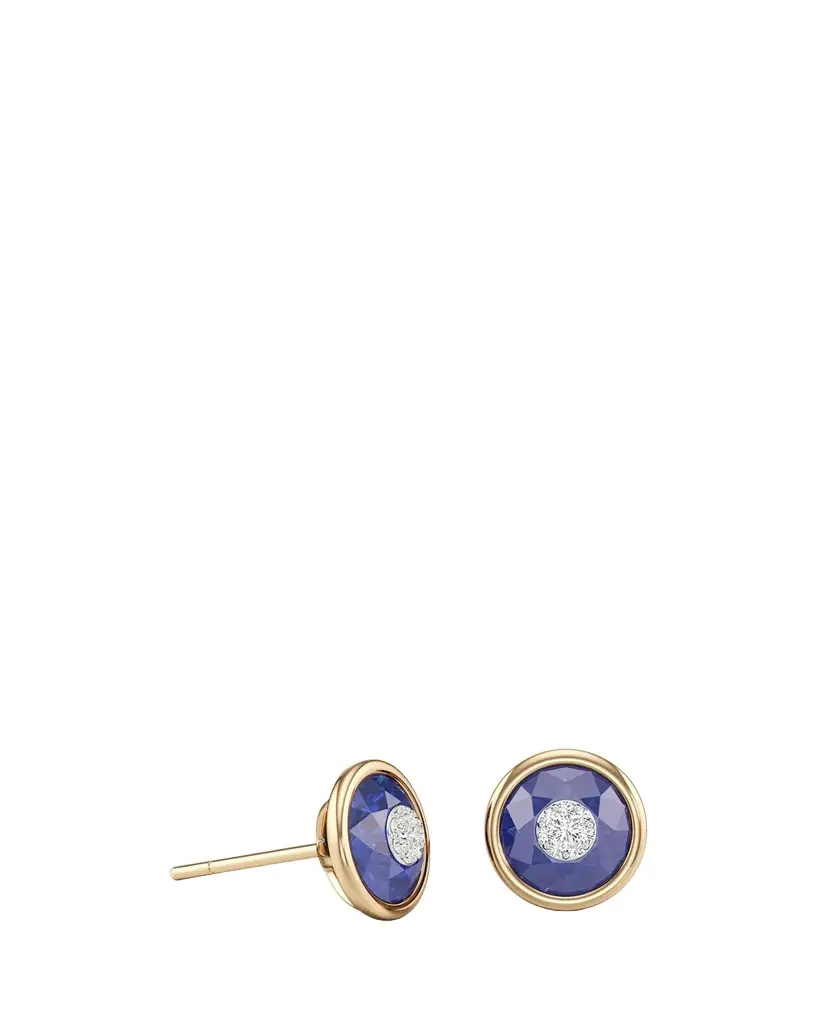 18K Yellow Gold 7mm Diamond and Blue Sapphire Stud Earrings