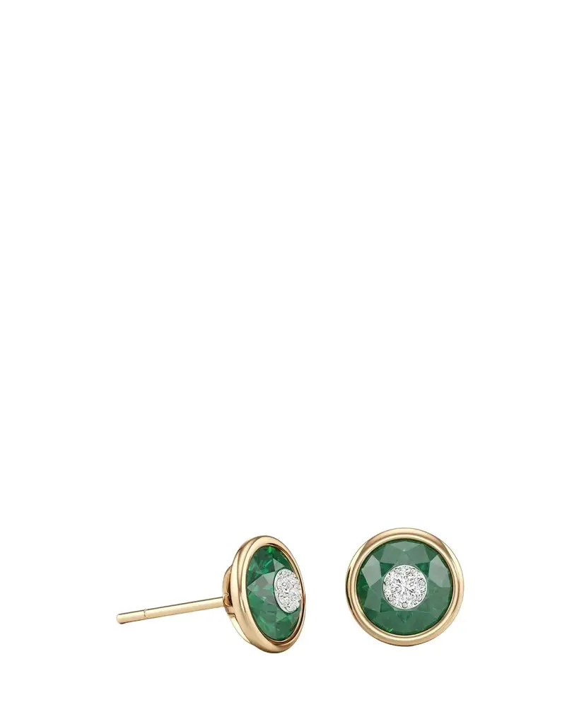 Bhansali 18K Yellow Gold 7mm Diamond and Emerald Stud Earrings