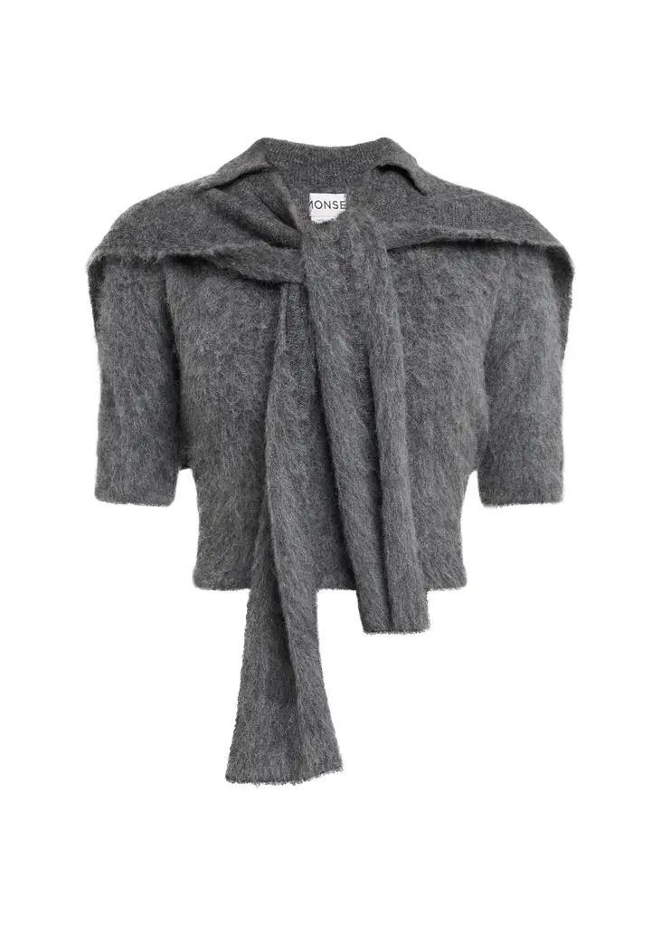 Cropped Polo Knit Sweater with Scarf