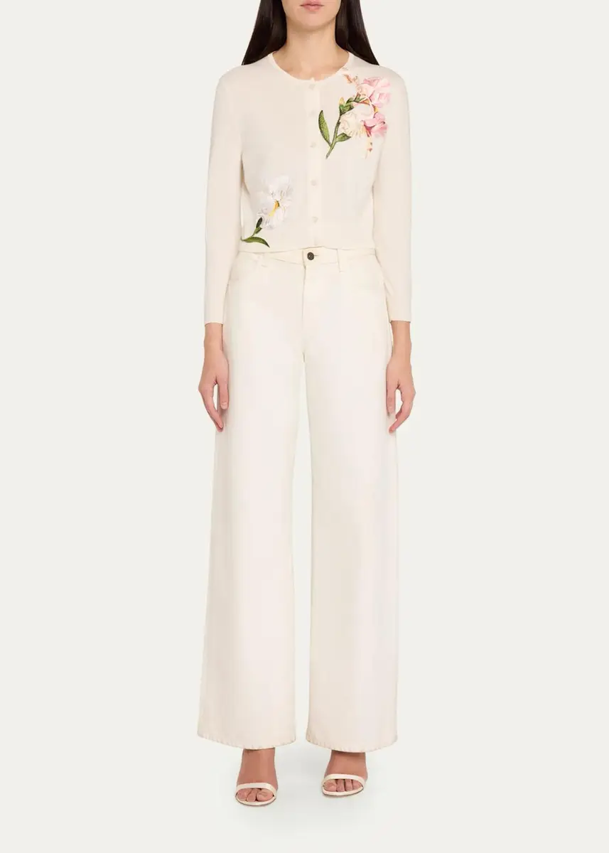 Oscar de la Renta Watercolor Iris Embroidered Crop Crewneck Cardigan | Thumbnail 2