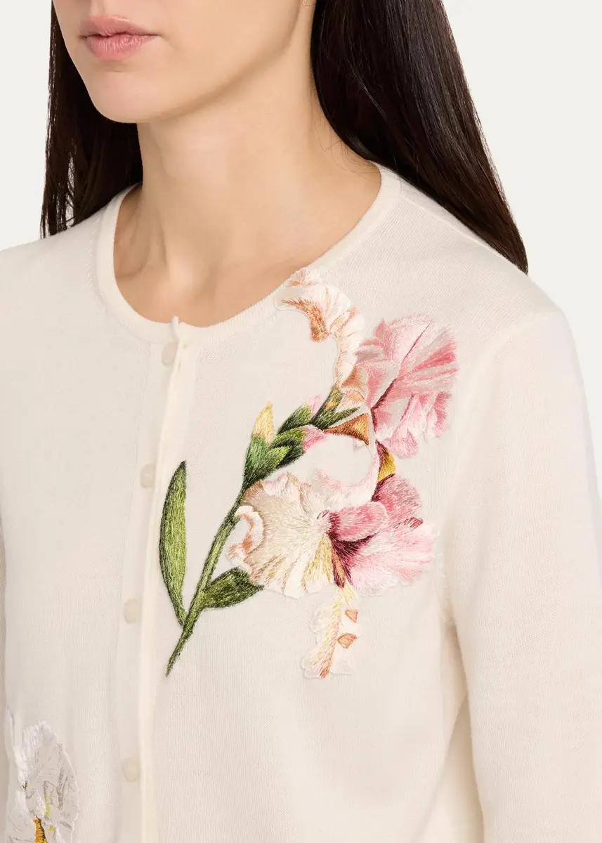 Oscar de la Renta Watercolor Iris Embroidered Crop Crewneck Cardigan | Thumbnail 5