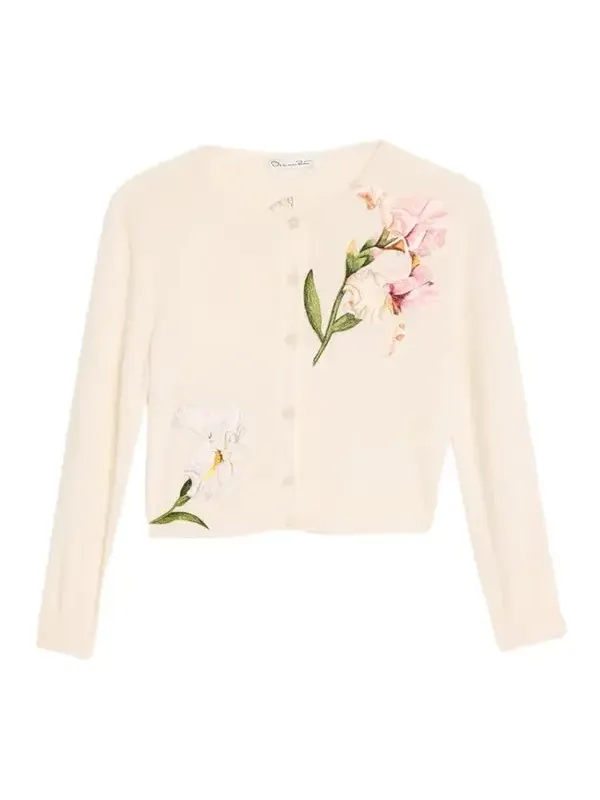 Oscar de la Renta Watercolor Iris Embroidered Crop Crewneck Cardigan