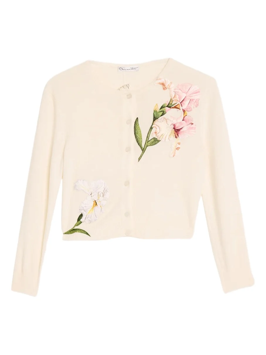 Oscar de la Renta Watercolor Iris Embroidered Crop Crewneck Cardigan