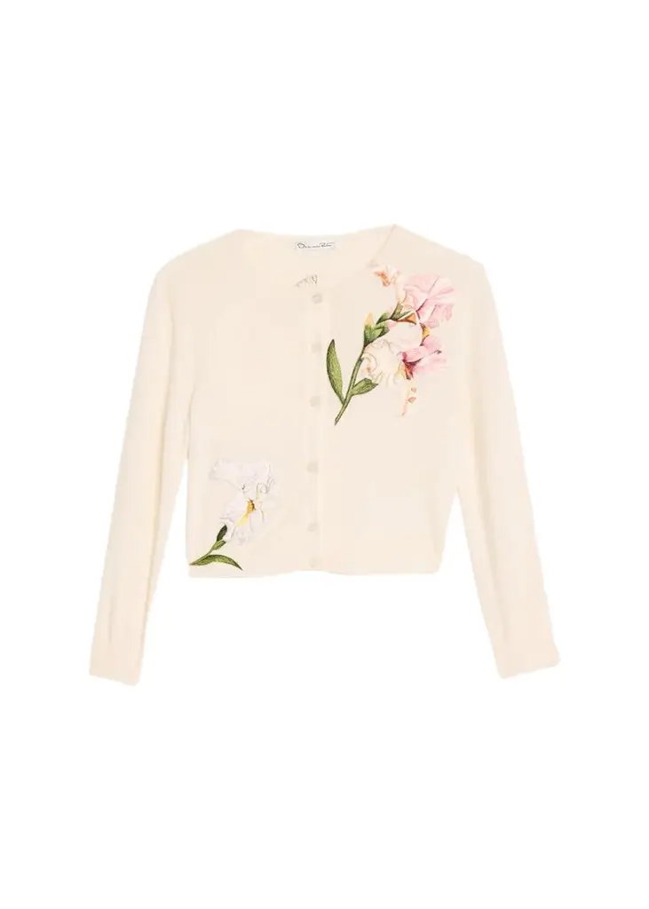 Watercolor Iris Embroidered Crop Crewneck Cardigan Watercolor Iris Embroidered Crop Crewneck Cardigan