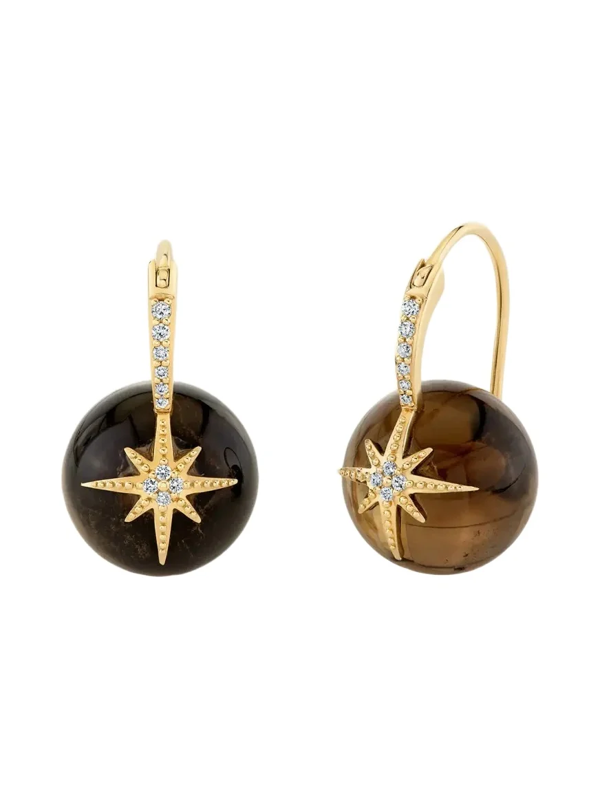 14K Yellow Gold Smoky Quartz Cocktail Earrings with Diamond Starburst 14K Yellow Gold Smoky Quartz Cocktail Earrings with Diamond Starburst