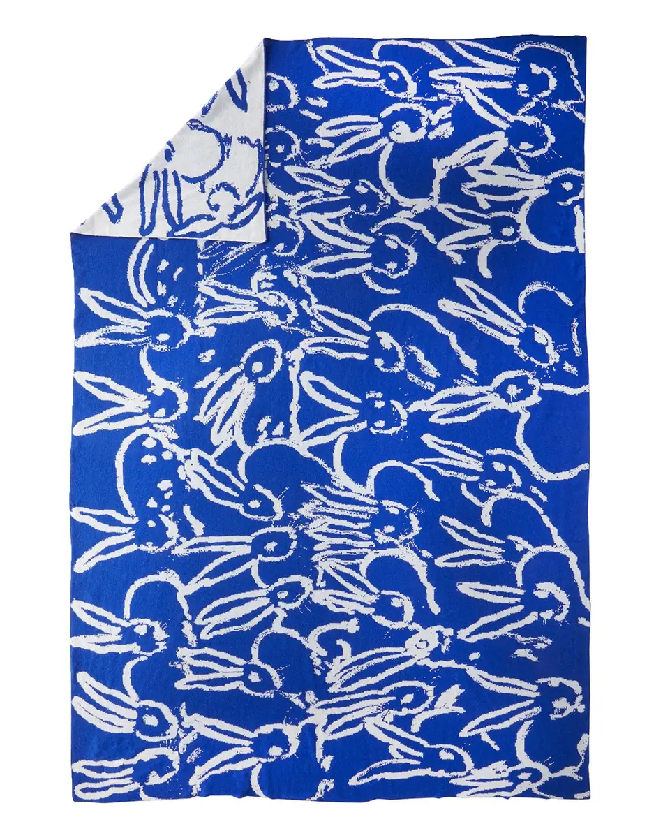 Hunt Slonem Rabbit Run Blue Cashmere Throw Blanket | Thumbnail 3 Hunt Slonem Rabbit Run Blue Cashmere Throw Blanket | Thumbnail 3