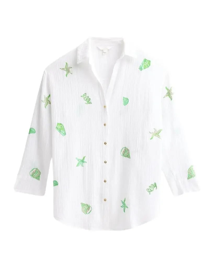 Lilly Pulitzer Kwitney Shore Embroidery Cotton Cover-Up Shirt