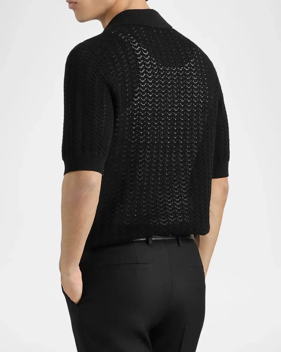 Dolce & Gabbana Men's Cotton Chevron Open-Knit Polo Shirt | Thumbnail 3 Dolce & Gabbana Men's Cotton Chevron Open-Knit Polo Shirt | Thumbnail 3
