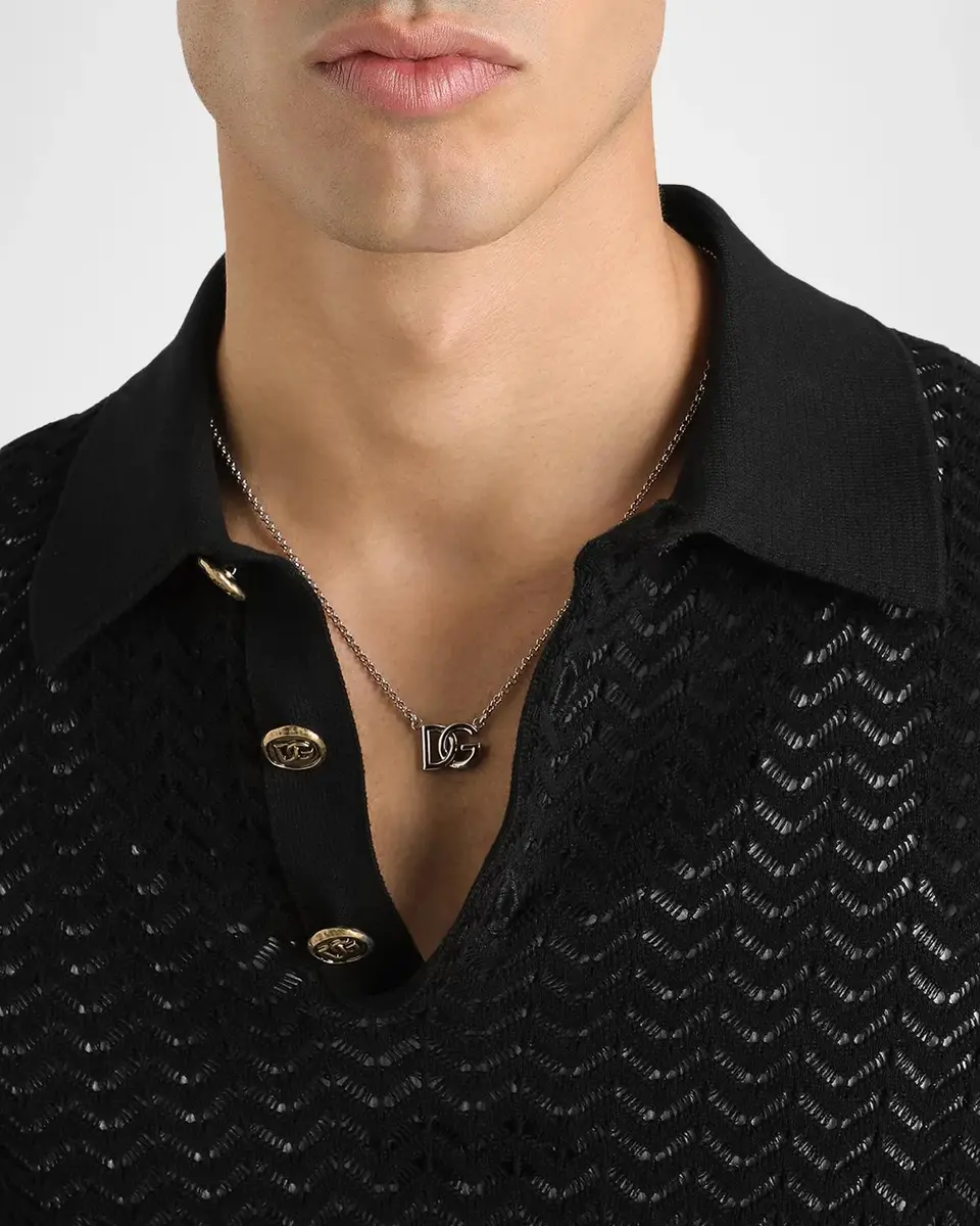 Dolce & Gabbana Men's Cotton Chevron Open-Knit Polo Shirt | Thumbnail 4 Dolce & Gabbana Men's Cotton Chevron Open-Knit Polo Shirt | Thumbnail 4