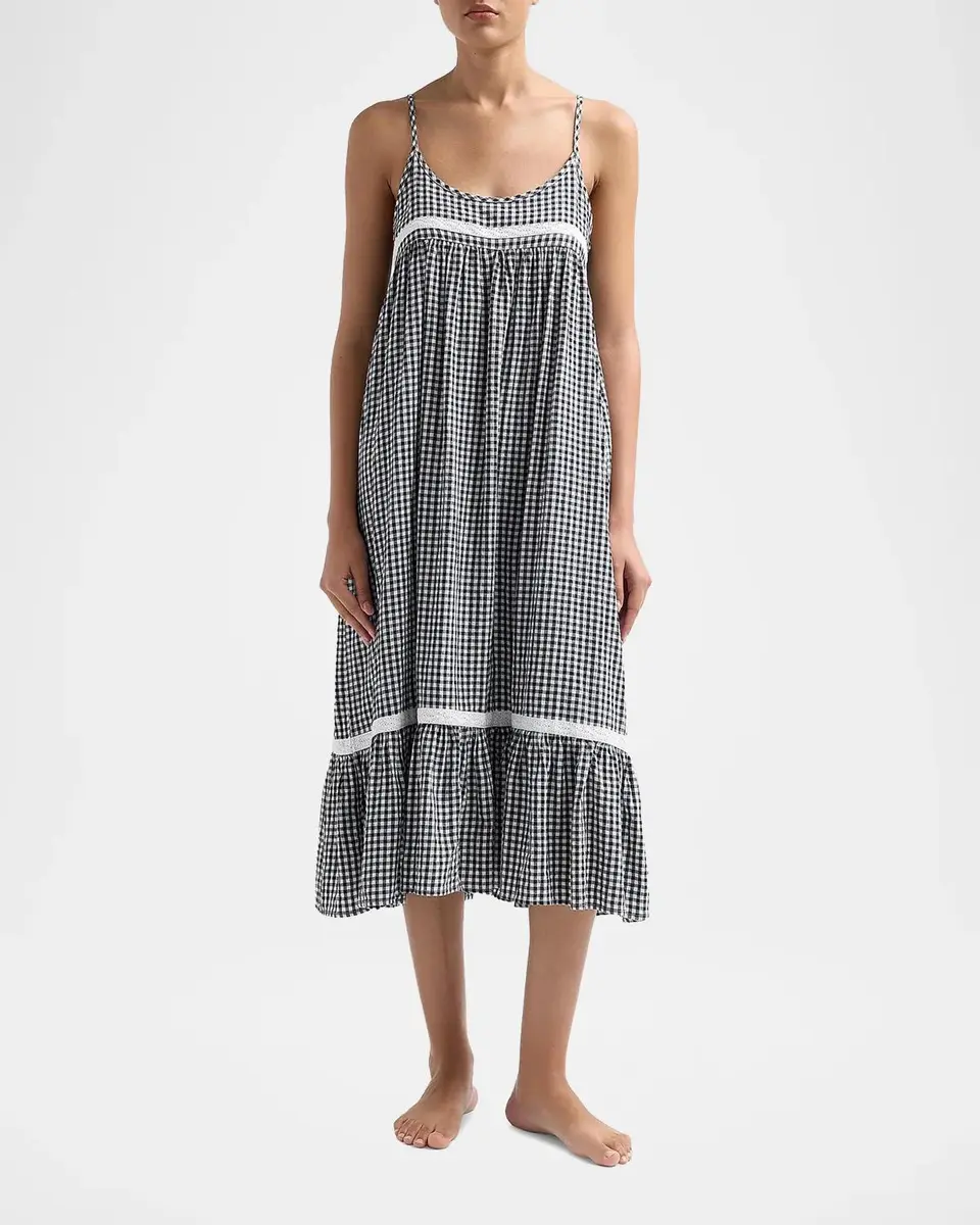 Papinelle Checked Lace-Trim Cotton-Blend Seersucker Nightie | Thumbnail 2 Papinelle Checked Lace-Trim Cotton-Blend Seersucker Nightie | Thumbnail 2