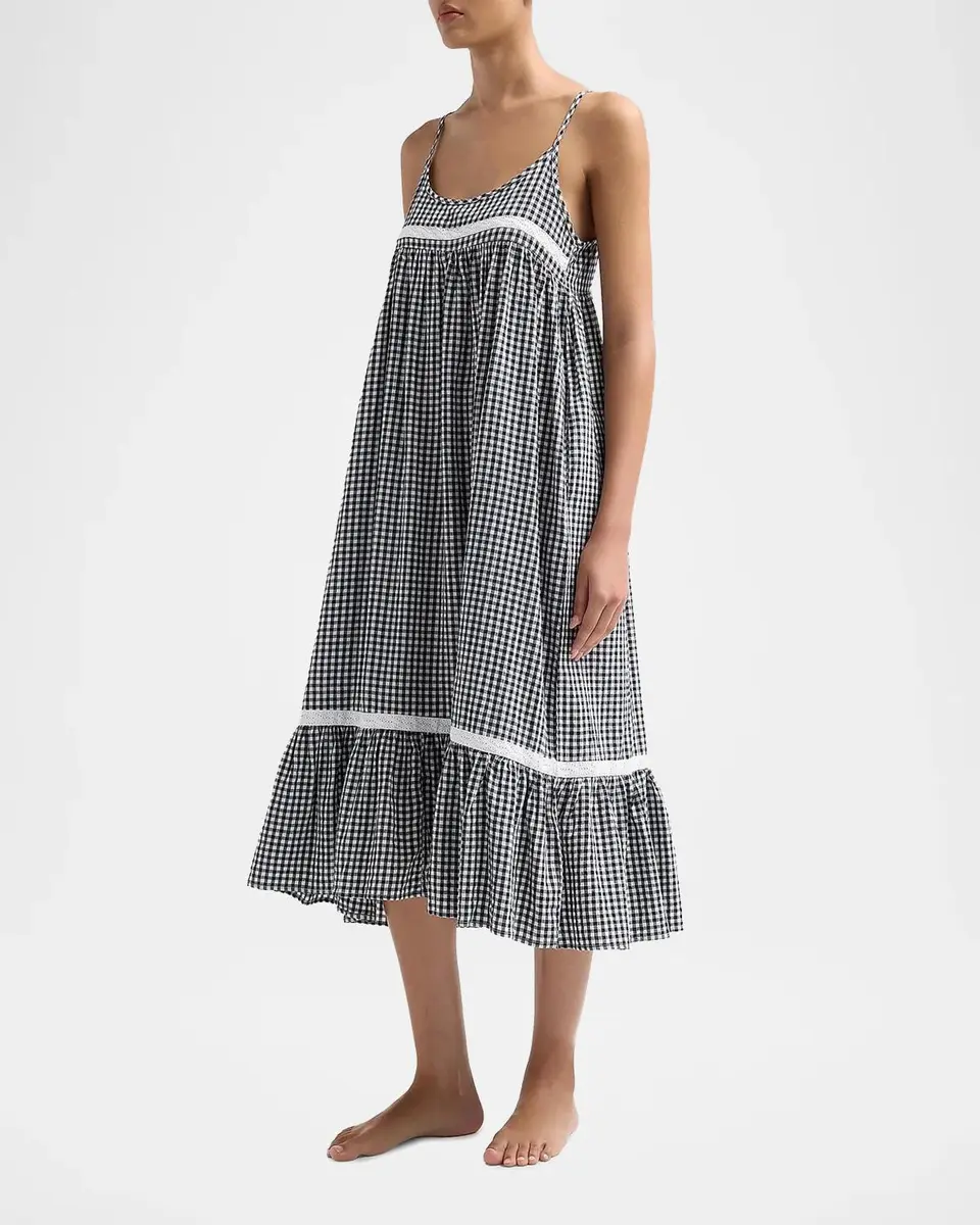 Papinelle Checked Lace-Trim Cotton-Blend Seersucker Nightie | Thumbnail 4 Papinelle Checked Lace-Trim Cotton-Blend Seersucker Nightie | Thumbnail 4