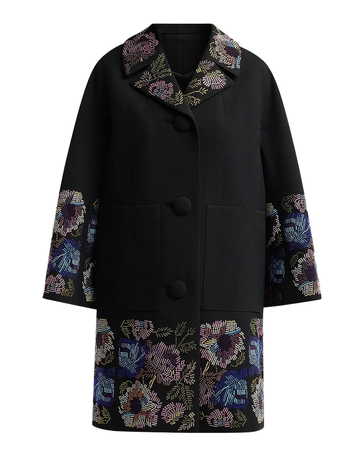 Mosaic Floral Embellished Wool Patch-Pocket Coat Mosaic Floral Embellished Wool Patch-Pocket Coat
