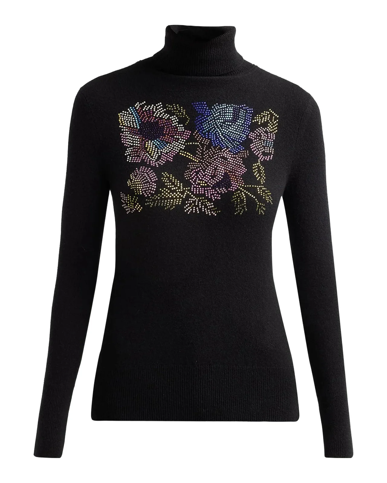 Mosaic Floral Embellished Cashmere Turtleneck Sweater