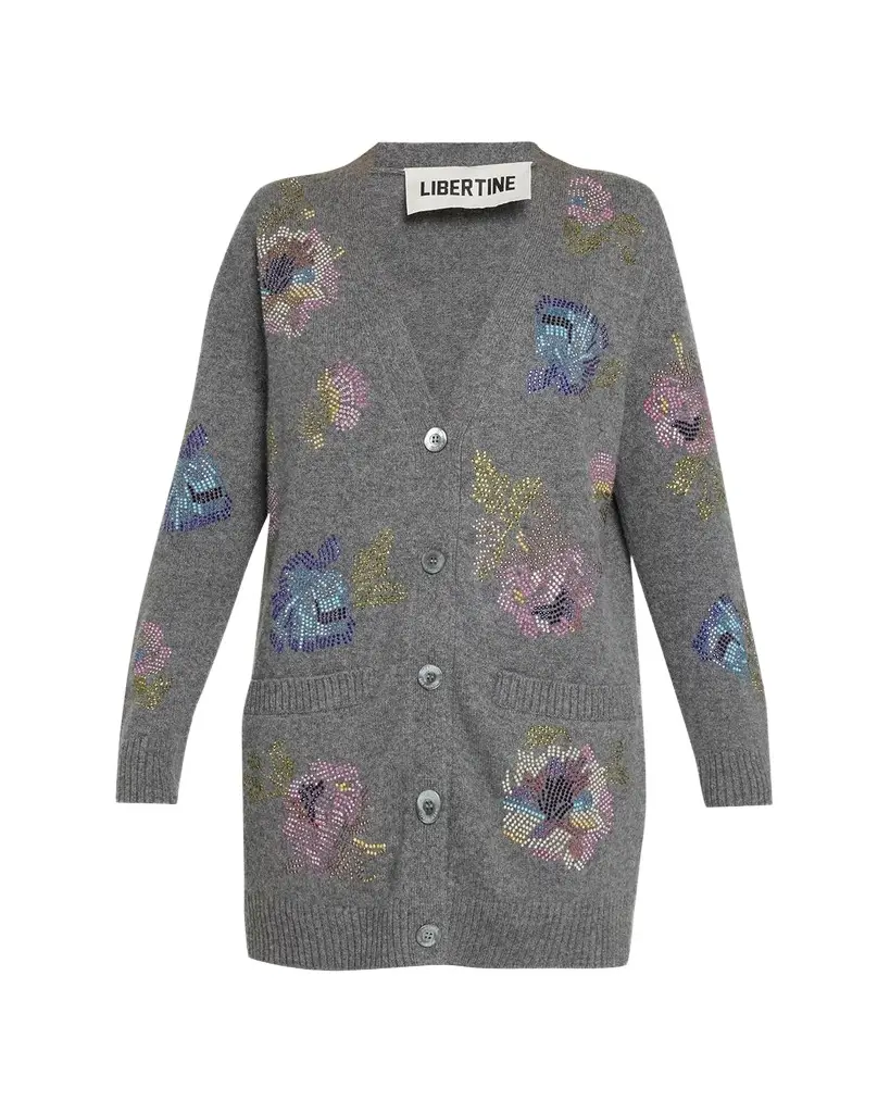 Libertine Mosaic Floral Embellished Cashmere V-Neck Cardigan