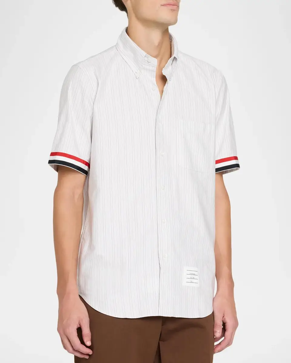Thom Browne Men's Straight-Fit Stripe Oxford Short-Sleeve Shirt | Thumbnail 4 Thom Browne Men's Straight-Fit Stripe Oxford Short-Sleeve Shirt | Thumbnail 4