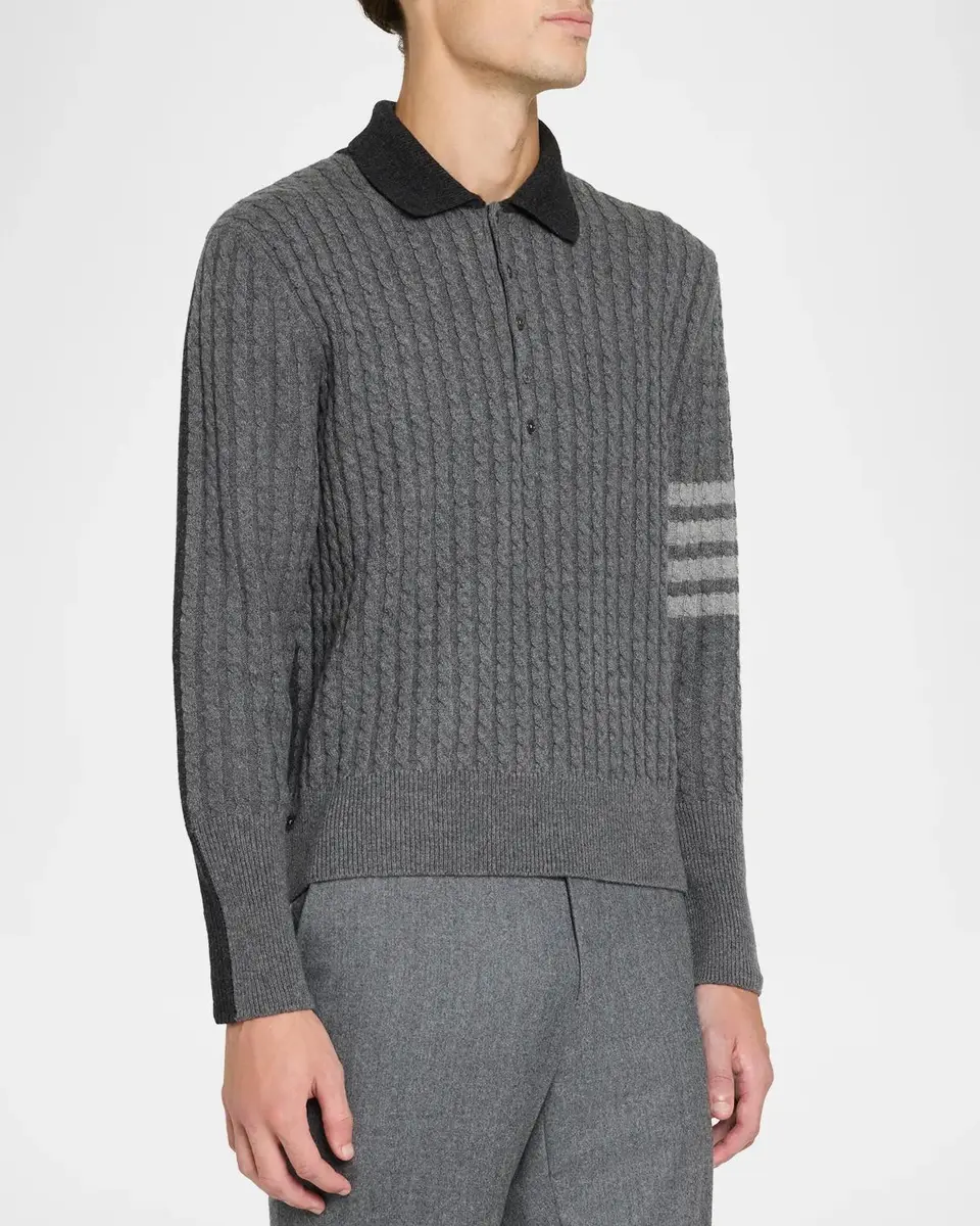Thom Browne Men's Wool 4-Bar Cable Polo Sweater | Thumbnail 4 Thom Browne Men's Wool 4-Bar Cable Polo Sweater | Thumbnail 4