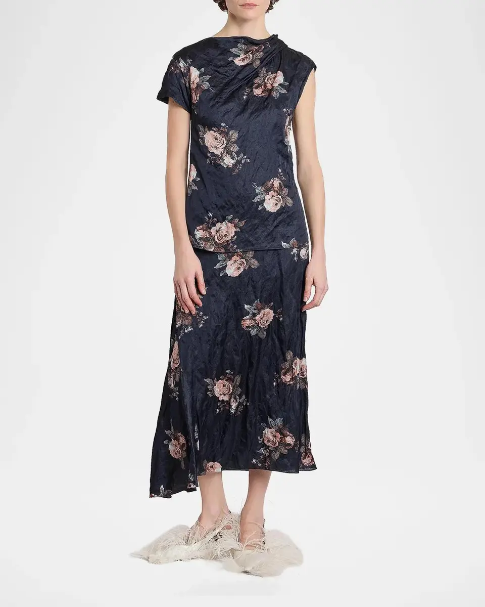 Erdem Draped Floral Crushed Satin Midi Skirt | Thumbnail 2