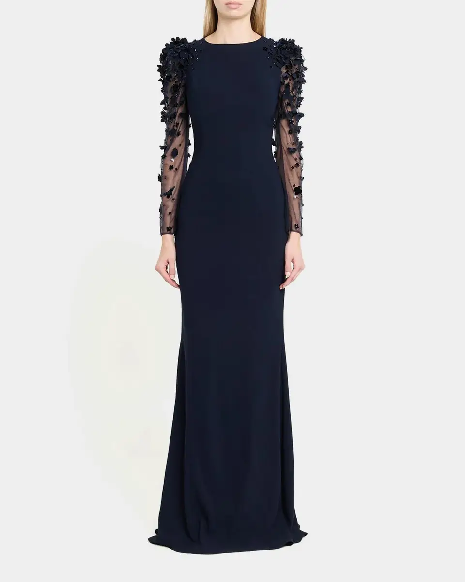 Rickie Freeman for Teri Jon Tulle-Sleeve Floral Applique Crepe Gown | Thumbnail 2 Rickie Freeman for Teri Jon Tulle-Sleeve Floral Applique Crepe Gown | Thumbnail 2