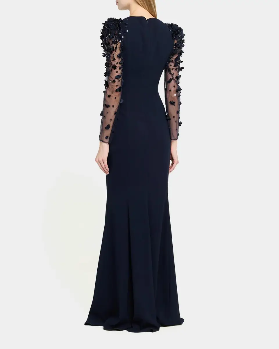 Rickie Freeman for Teri Jon Tulle-Sleeve Floral Applique Crepe Gown | Thumbnail 3 Rickie Freeman for Teri Jon Tulle-Sleeve Floral Applique Crepe Gown | Thumbnail 3