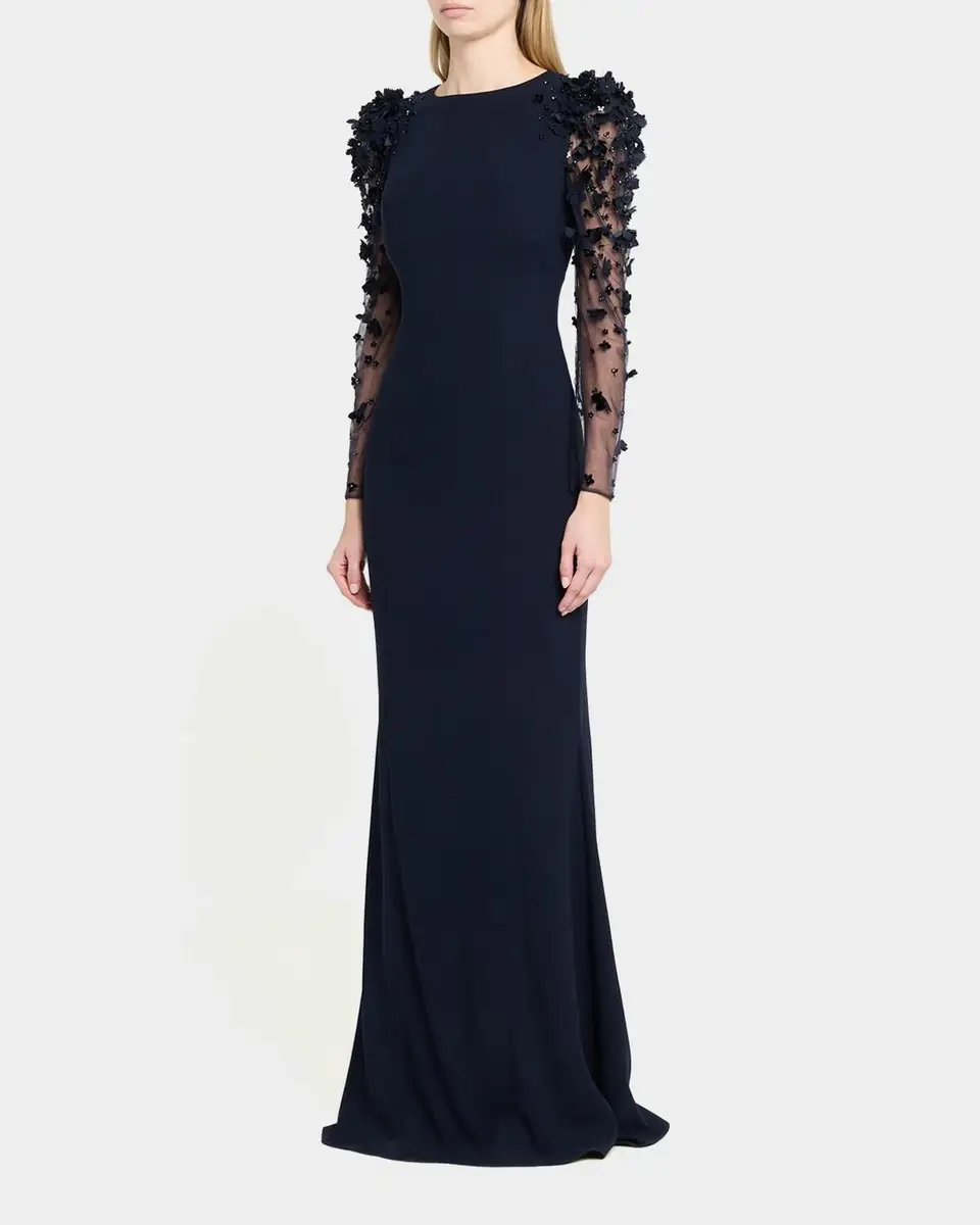 Rickie Freeman for Teri Jon Tulle-Sleeve Floral Applique Crepe Gown | Thumbnail 4 Rickie Freeman for Teri Jon Tulle-Sleeve Floral Applique Crepe Gown | Thumbnail 4