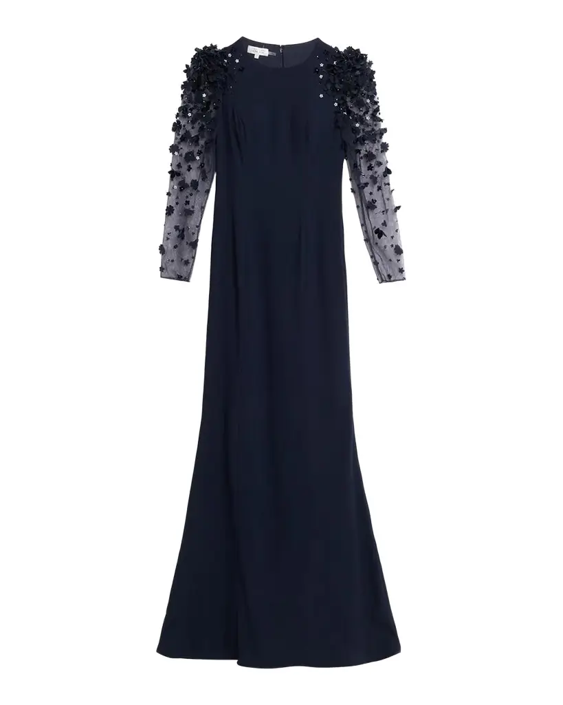 Tulle-Sleeve Floral Applique Crepe Gown Tulle-Sleeve Floral Applique Crepe Gown