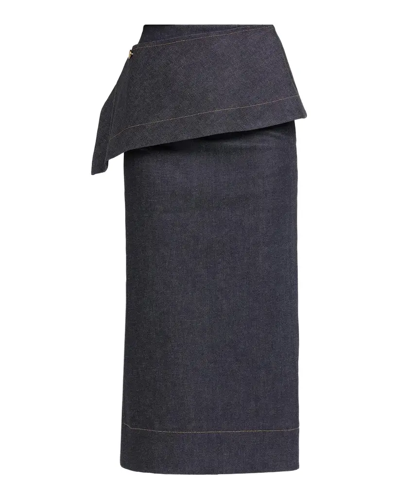 Amir Taghi Eloise Denim Asymmetric Peplum Midi Skirt