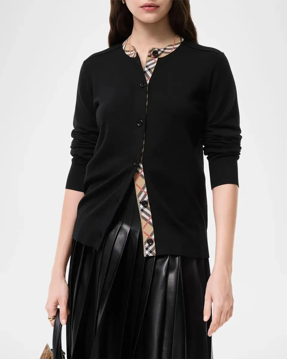 Burberry Margot Check Trim Wool Cardigan | Thumbnail 2