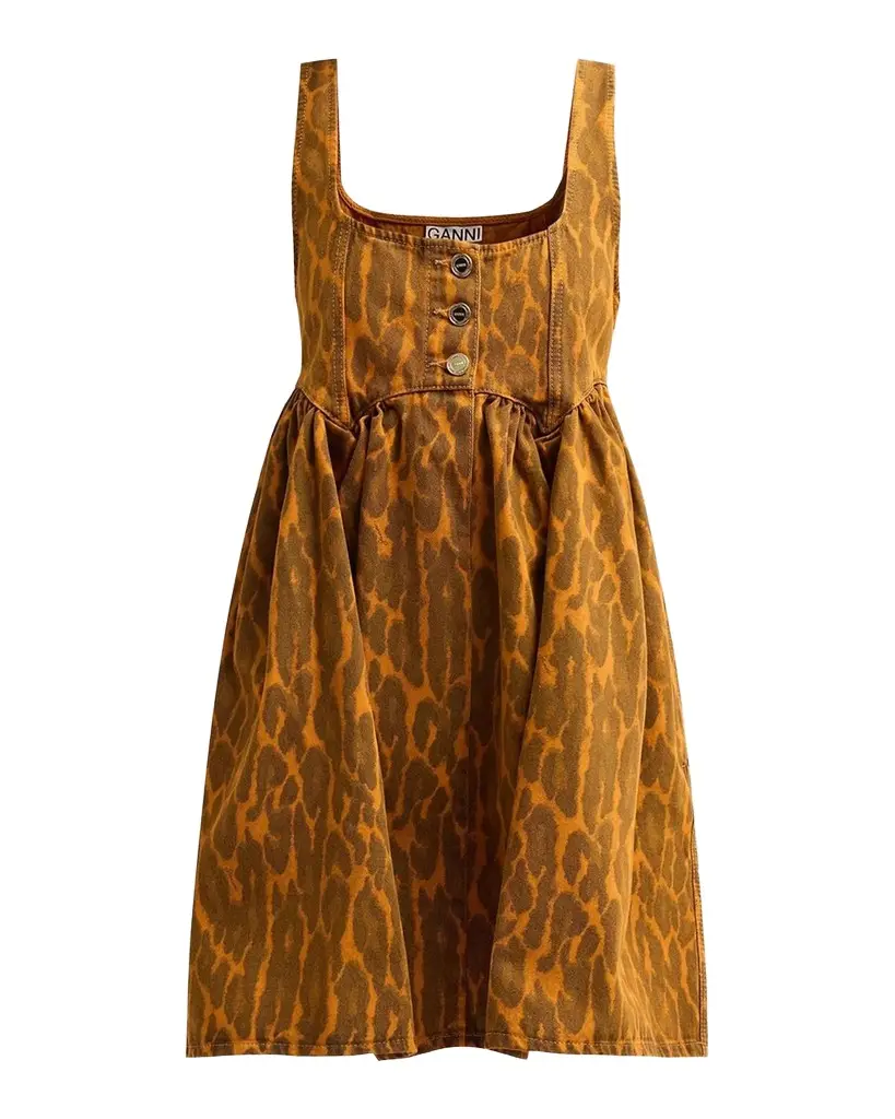 Print Denim Bubble Mini Dress Print Denim Bubble Mini Dress