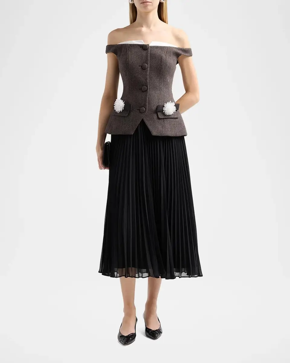 Self-Portrait Off-the-Shoulder Chiffon Midi Dress | Thumbnail 2