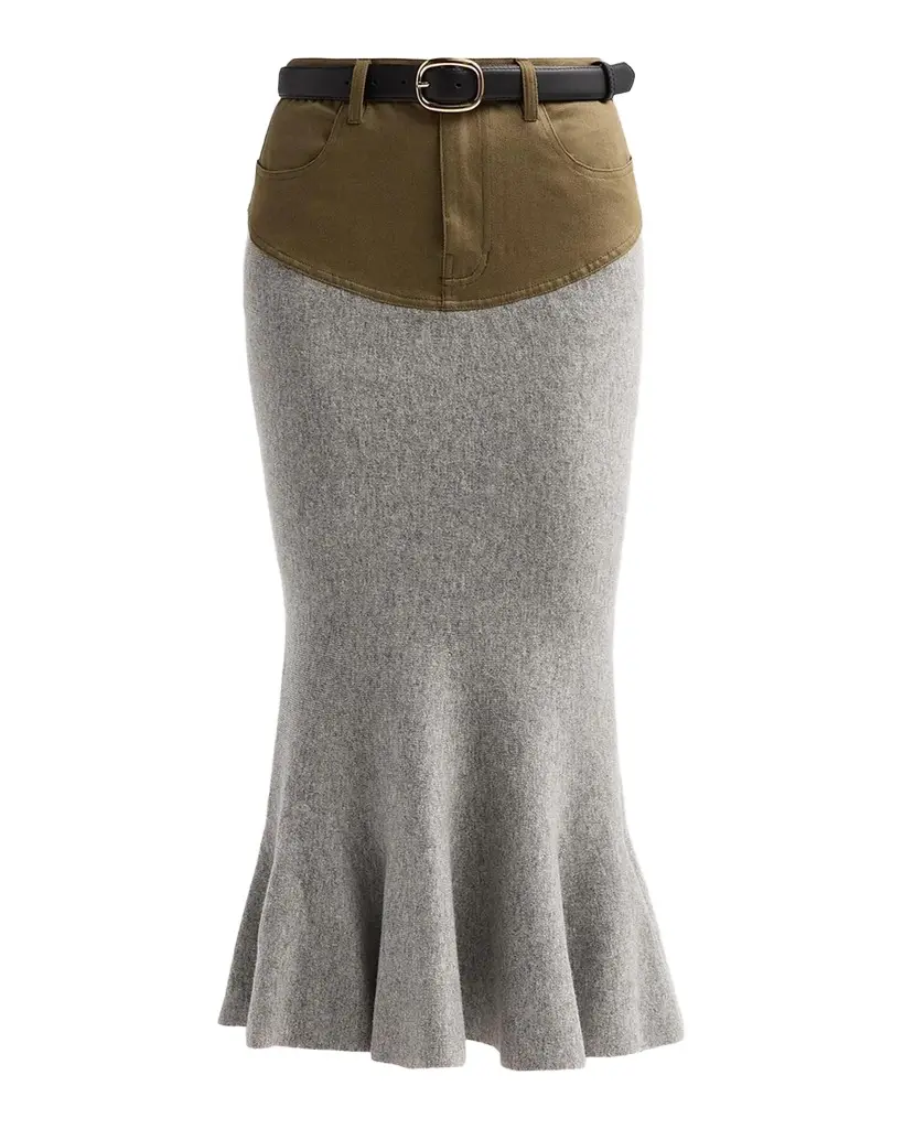 Denim-Insert Knit Midi Skirt