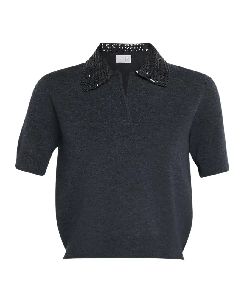 TSE Cashmere Sequin-Collar Polo Sweater